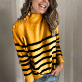 Slim Fit Top Autumn Dress Long Sleeve High Neck Stripe Women Fashion Button Sweater