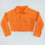 Women Solid Color  Turn-down Collar Jeans Jacket Tops Orange Yellow Black Green S-2XL