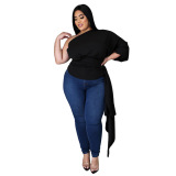 Women One Sleeve Solid Color Asymmetric Plus Size Top Black Blue Red XL-5XL