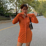 Women Long Sleeve Turn-down Collar Short Dress Orange Purple Green Black S-L