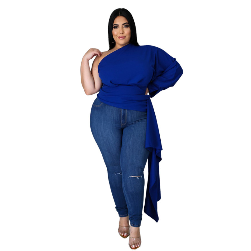 Women One Sleeve Solid Color Asymmetric Plus Size Top Black Blue Red XL-5XL