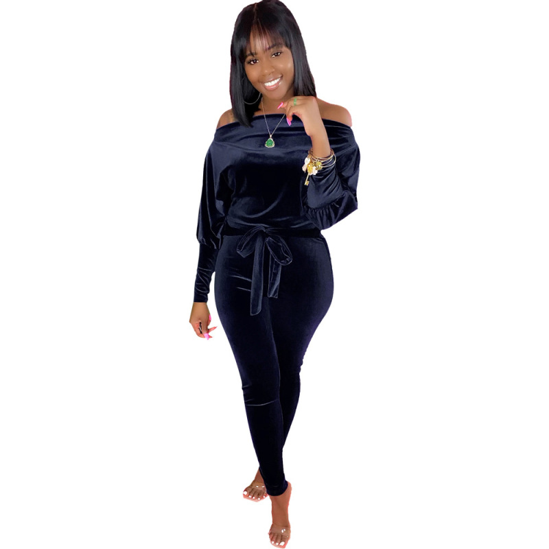 Off Shoulder Long Sleeve Women Velvet Women Jumpsuits Black Red Blue S-3XL