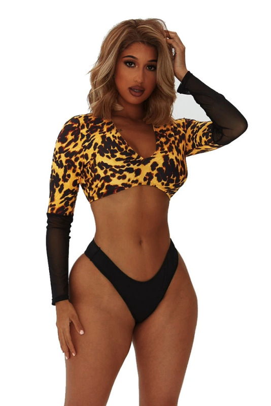 Long Sleeve Mesh Leopard Printed Swimsuit