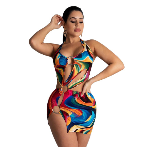 Women Print Colorful Hollow Out One Piece Dress S-XL