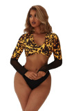 Long Sleeve Mesh Leopard Printed Swimsuit
