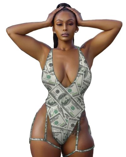 Women Sexy Dollar Printing V-Neck Backless High Cut Fashion One-piece Swimsuit S-3XL