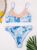Sexy Lady Colorblock Tie-dye Printing Two-piece Swimsuit Summer Bikini Blue Green S-L