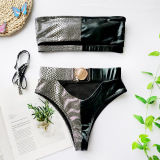 Sexy Hollow Out Exquisite Metal Buckle Women Bikini Two-piece Swimsuit White Red Black Rose Red Green Colorblock Crocodile Pattern S-L