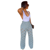 Women Solid Color Hollow Out Pants Blue S-2XL