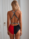 Deep V Neck Strappy Colorblock Fashion One-piece Swimsuit Red Black White S-L