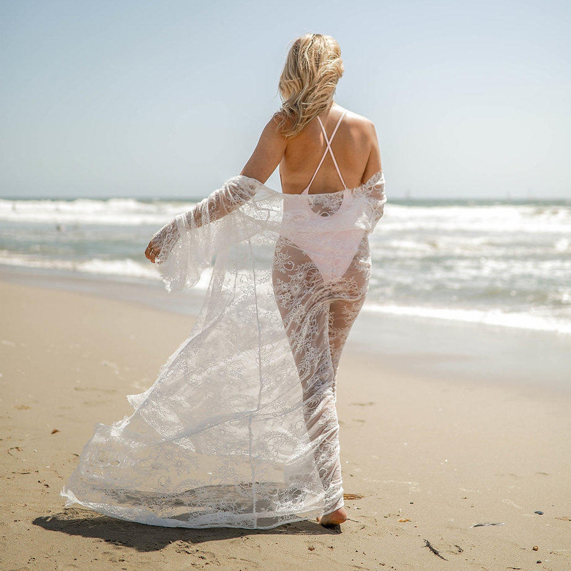 Women Lace Summer Beach Wear Long Sleeve Long Beach Cover Ups White Black M-L