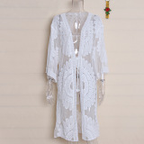 Women Fashion Lace Embroidery Midi Cardigan Beach Cover White Beige Blue Red Black One Size