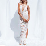 Women Hollow Out Tassel Strappy Long Dress Cover Up White S-3XL