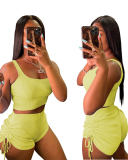 Women Sexy Solid Color Vest Drawstring Shorts Casual Wear Two Piece Sets Black Yellow Blue S-2XL