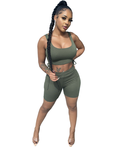 Women Solid Color Crop Tops Strappy Two Piece Set Gray Black Green S-2XL