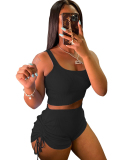 Women Sexy Solid Color Vest Drawstring Shorts Casual Wear Two Piece Sets Black Yellow Blue S-2XL