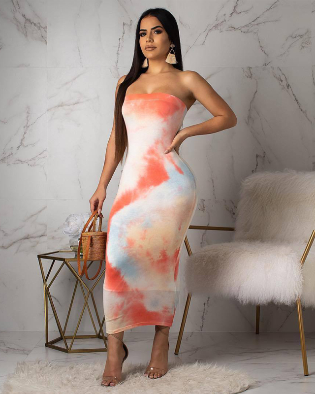 New Summer Strapless Tie-dye Sexy Tight Women Long Dress Orange S-2XL