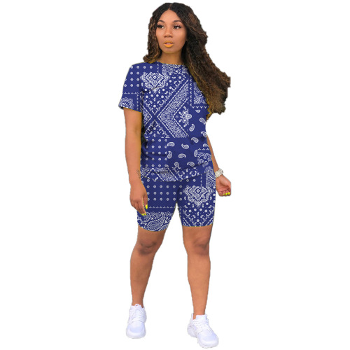 Women Casual Printed O-Neck Short Sleeve Shorts Loose Two Pieces Outfit Pink Red Dark Blue S-XL