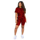 Women Casual Printed O-Neck Short Sleeve Shorts Loose Two Pieces Outfit Pink Red Dark Blue S-XL