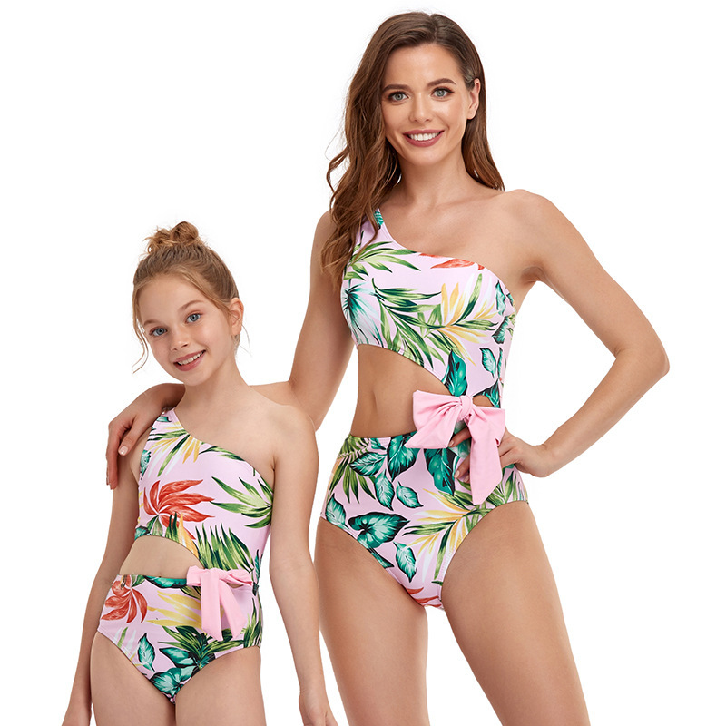 Newest Bow Slash Neck Parent & Child Bathing Suit One Piece Swimsuit (Mom&Daughter) Black Pink Red S-2XL 104-164