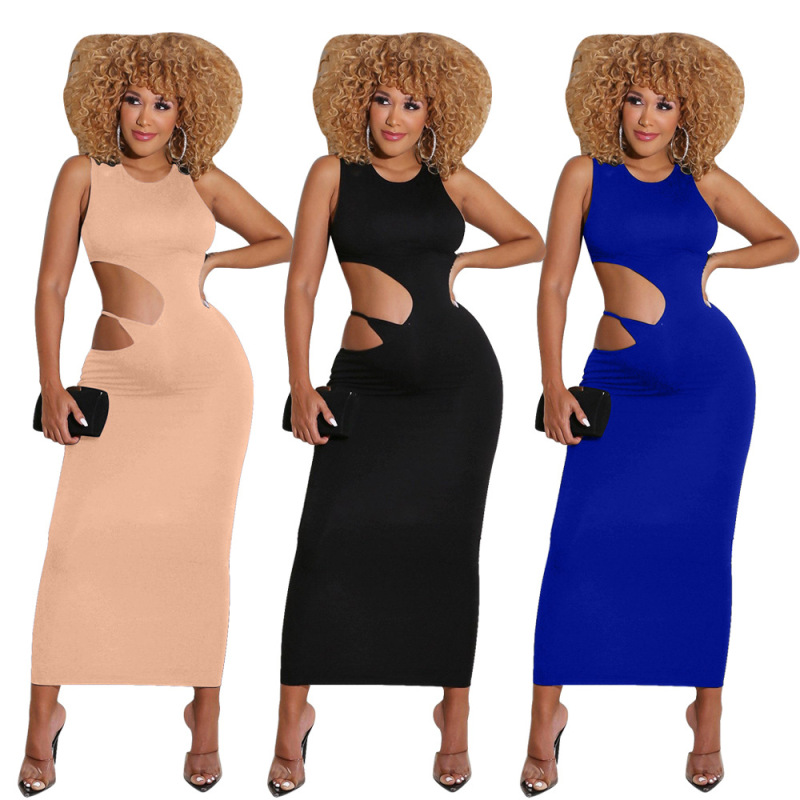 Solid Color Women Long Sexy Cut Off Dress S-XXL