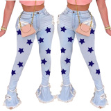 Fashion Five-pointed Star Women Flares Jeans White Blue Red S-3XL