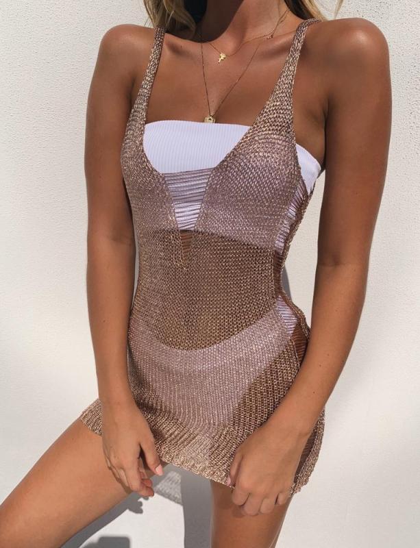 Women See Through Sleeveless One Piece Dress Cover Up Gray Pink S-XL