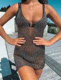 Women See Through Sleeveless One Piece Dress Cover Up Gray Pink S-XL
