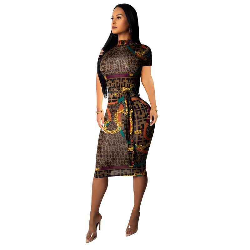 Hot Sale Women Fashion Printed Short Sleeve Midi Causal Dress Brown S-2XL