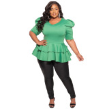 Women Plus Size Solid Color Short Sleeves Tops Green Purple Yellow L-4XL