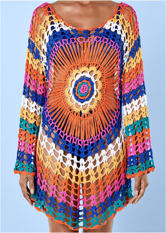 Women Long Sleeve Boho Holiday Beach Wear Sunflower Crochet Hollow Out Cover ups Dress