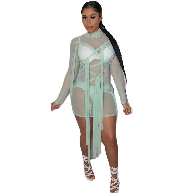 Woman Long Sleeve Mesh Sexy See Through High Elasticity Clubwear Mini Dress White Apricot Blue Light Green S-2XL