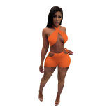 Women Solid Color Cross Strappy Two Piece Set White Yellow Orange Red Gray Black Green S-2XL