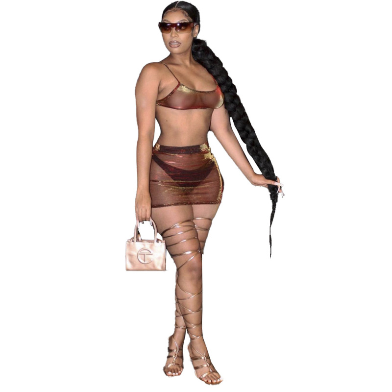 Women Sexy See Through Strap Mesh Dress Two Pieces Outfit Brown S-XL