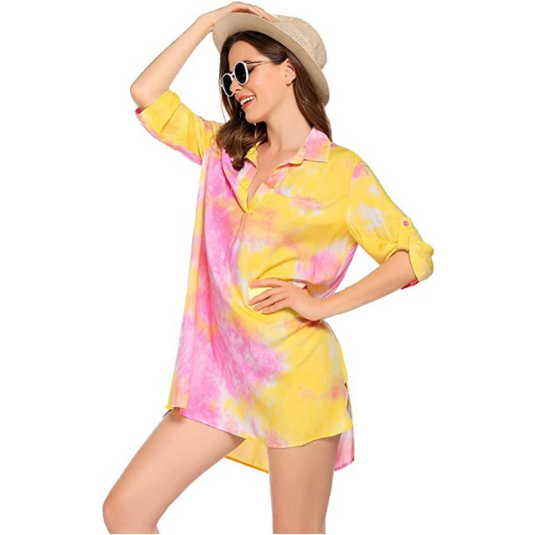 Fashion Boho Printed Women Shirt Beach Dress Cover Ups S-3XL