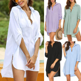 Women V-Neck Summer Solid Color Shirt Dress Cover Ups White Purple Black Green Blue Royal Blue S-3XL