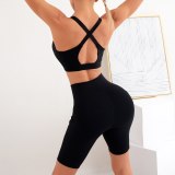 Seamless Two-Piece Shorts Suit Shockproof Women Cross High Waist Short Leggings Sportwear Pocket Peach Hip Bra Yoga Clothing