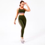 Stripe Yoga Workout Set Women Gym Clothes Sportswear Leggings Suit for Fitness Sport Outfit Active Wear Black Green Nylon