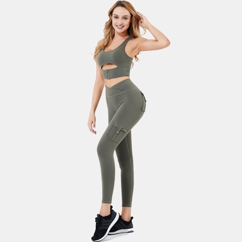 Women's Tracksuit 2 Piece Set Zipper Padded Bra Push Up Leggings With Pockets Nylon Women Gym Workout Clothes Yoga Sets XL