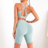 Seamless Two-Piece Shorts Suit Shockproof Women Cross High Waist Short Leggings Sportwear Pocket Peach Hip Bra Yoga Clothing