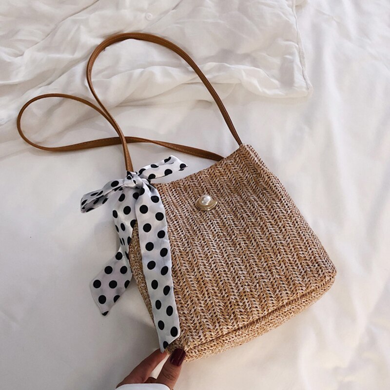 New Casual Grass Woven Bag For Female Simple All-match Lace Handbag Fashionable Shoulder Bag With Bow