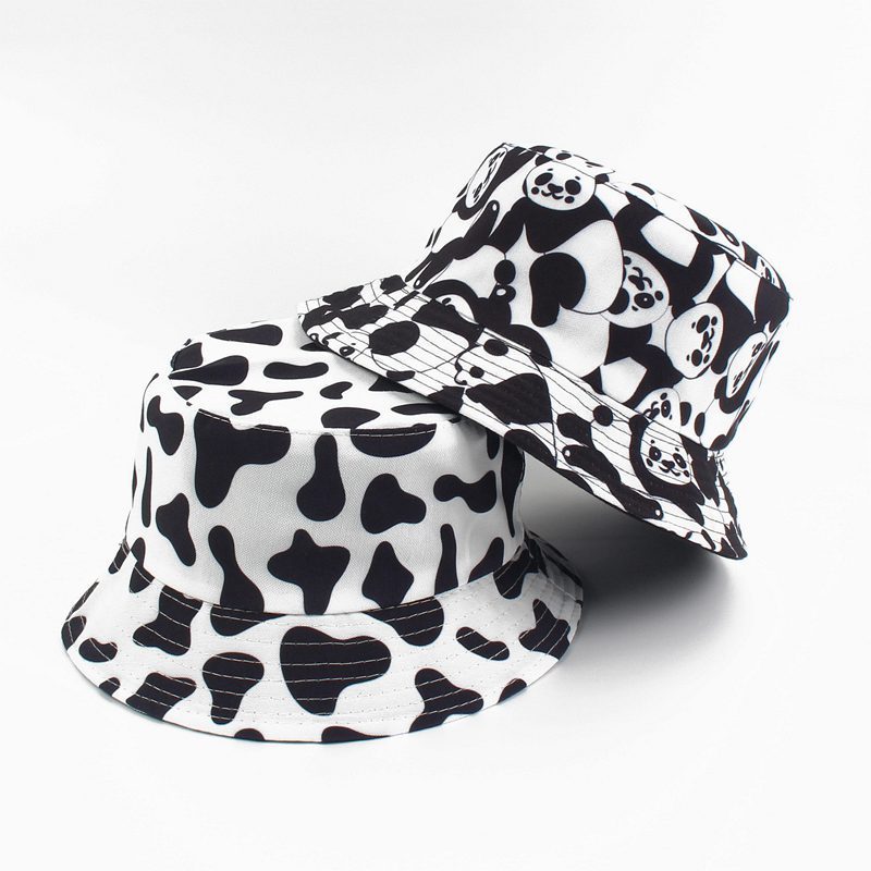 New Fashion Reversible Black White Cow Pattern Bucket Hats Fisherman Caps For Women Gorras Summer