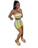 Girl's Summer Sexy Strapless Stripe Shorts Two Pieces Outfit White Blue Yellow S-2XL