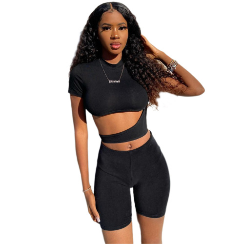 Fashion Hollow Out Short Sleeve Slim Shorts Two Pieces Outfit Black S-2XL