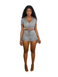Women Solid Color Drawstring V-Neck Short Sleeve Shorts Summer Suits Two Pieces Outfit Black Gray Khaki S-2XL