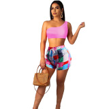 Lady Solid Color Tops Printing Pants Two Piece Set S-XL