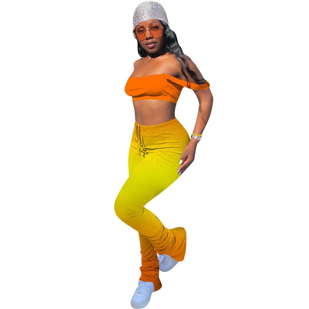 US$ 9.74 - Women Sport Gradient Two Pieces Set Tracksuit Crop Top Stacked Bell Bottom Jogger