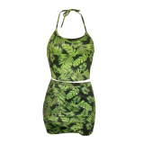 Fashion Sexy Hollow Out Summer Leaf Printed V-neck Two Pieces Outfit Green S-XL