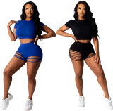 Women Solid Color Crop Tops Hollow Out Two Piece Set S-XL