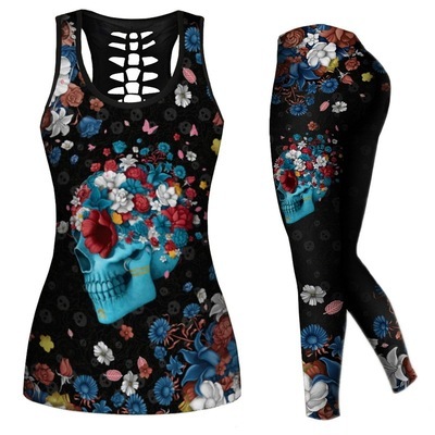 Women Casual Yoga Sport Sleeveless Suit T Shirt YinYang Cat Print 3D Tank Tops Pants Cool Flower Skull Tanks Back Hollow out Vest Casual Tees